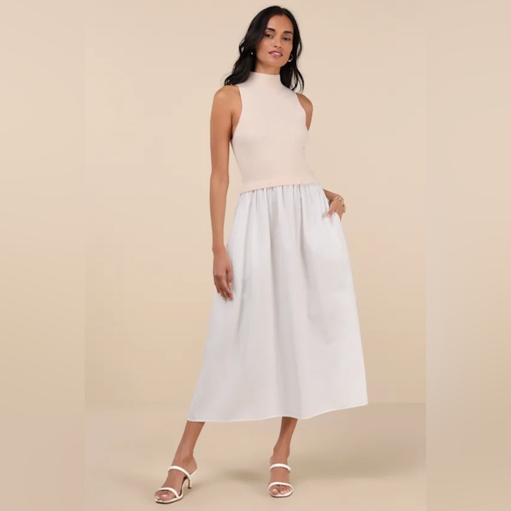 Lulu's Cream and White Midi Dress